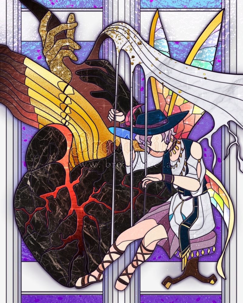 Stained glass illustration of a boy (right) playing magical harp strings that emerge from a black heart (left). The heart has organ pipes coming out of one side. The boy has rainbow fairy wings on his back. In the background there are floating Greek style pillars. 