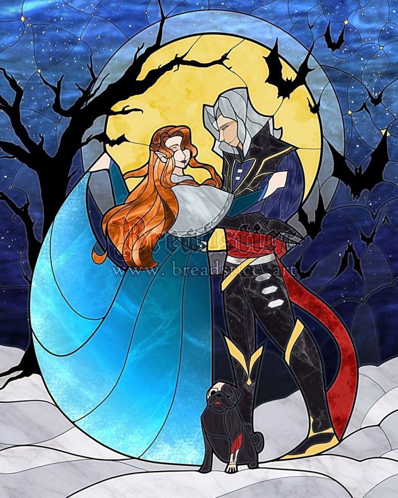 Stained Glass Illustration. A woman with long orange hair and a bright blue dress is dancing gracefully with a man in dark blue armor. A dog with bony features sits at their feet. They are dancing in a snowy landscape with the moon behind them. The two figures are Lenore and Hector from the Castlevania anime.