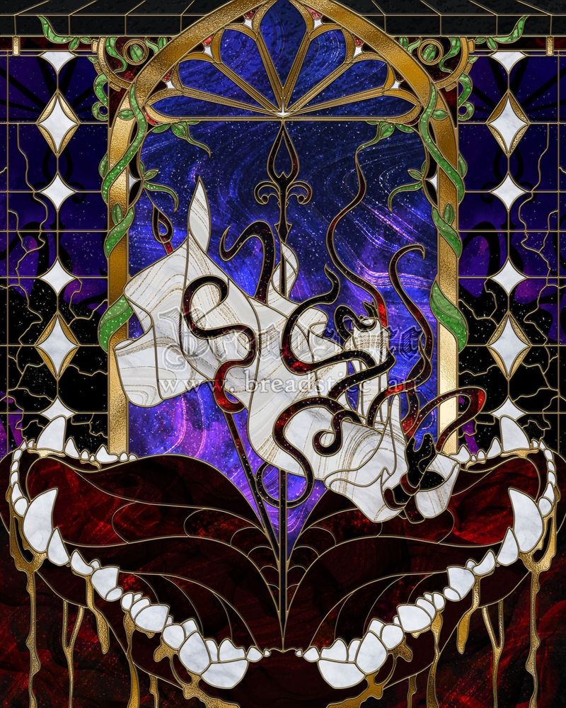 Stained glass illustration with golden lines between each piece of glass. In the center is a figure cloaked in white with black and red tendrils erupt from his chest and begin tangling themselves around him as he falls from the sky. Below him is a gaping, eldritch maw with teeth and tongues that resemble a hyena's. The maw is wide-open, almost unhinged like a snake, and threatens to swallow the white-clocked figure whole. The teeth of the maw are dripping with golden liquid, resembling the shape of blood but shimmering bright in gold.
Behind the figure and the maw is a tall golden window, which features a blue and purple galaxy swirling endlessly in the background, warping as if the universe had been disrupted. In the center of the window are two fancy black clock hands, the larger hour hand pointing straight up, and the smaller minute hand pointing slightly to the left, threatening to strike twelve at any moment. Wrapped around the golden window's frame are several green vines, twisting around and gripping onto the window for dear life.
On the sides of the window are two dark views of the night sky, made of purple and black. The purple mimicks the shape of the white figure tangled up in cursed tendrils. In these views of the night sky, there are several white four-pointed stars lined in gold. At the very top, there are two gear shapes made of the same black and red color as the tendrils and maw, and the same golden color as the maw's blood. These gears are also tangled up in vines, as if they are begging the gears to stop turning.