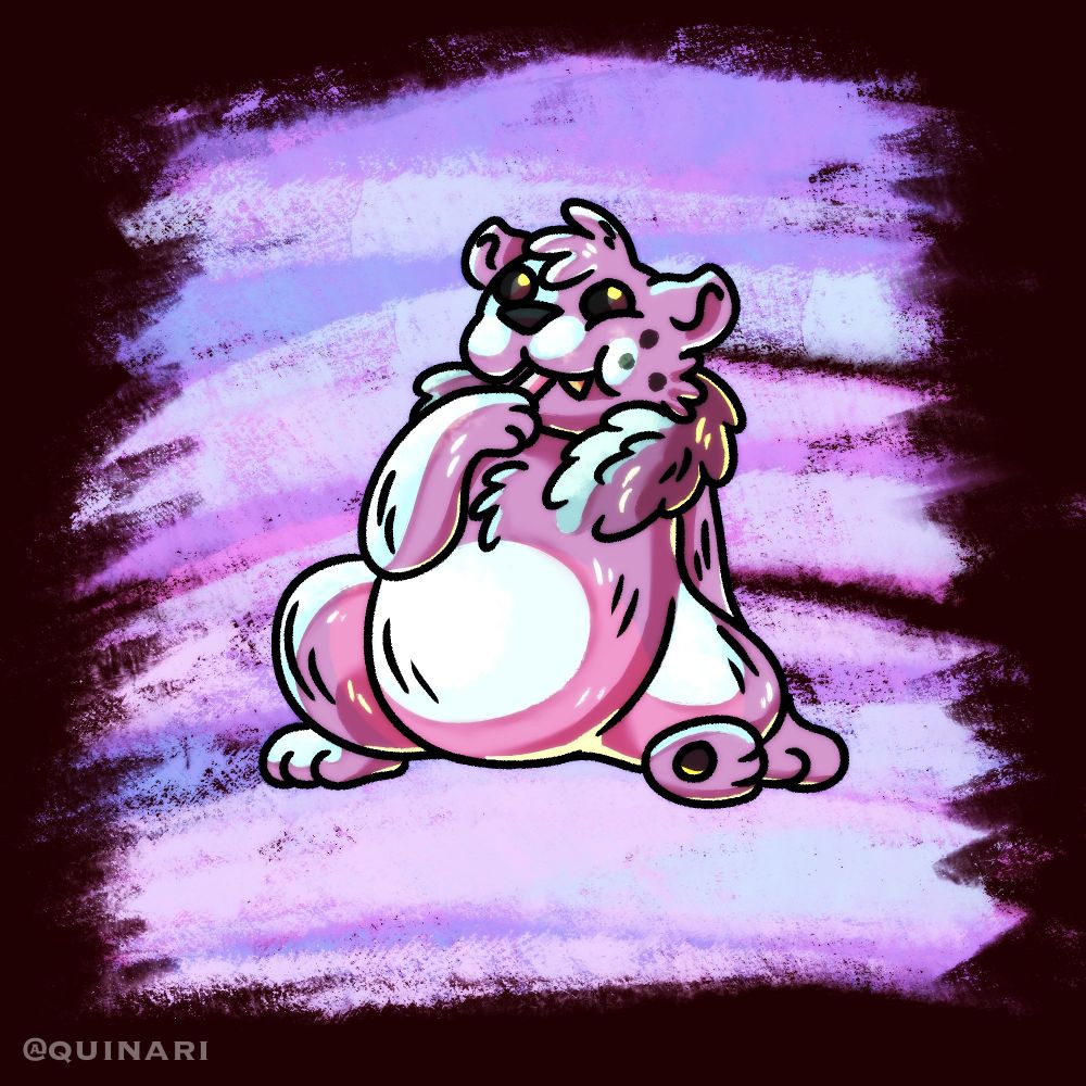 A drawing of an semi anthro polar bear cub (my alter Kodi) sitting on his bum, leaning back a little, braced in his left (our right) paw and sucking on a lollipop
