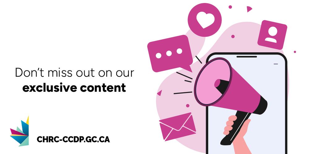 Image of a hand holding a pink megaphone coming out of a phone. Around it is an envelope, a chat bubble, a heart icon and a contact icon.  
The text on the left reads: “Don't miss out on our exclusive content”. 