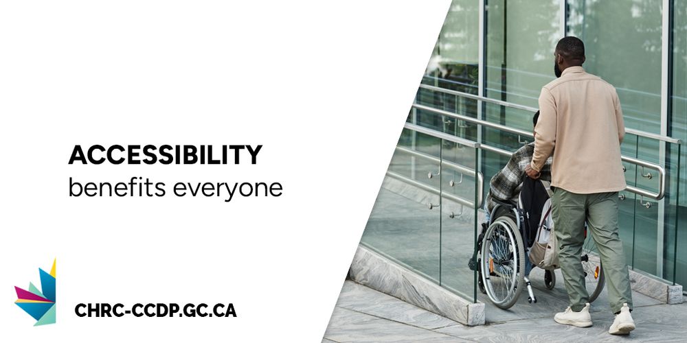 A man wearing a pastel orange dress shirt and khaki green trousers pushing someone using a wheelchair up a ramp. The black text on the white block on the left-hand side of the image reads: “Accessibility benefits everyone”. 