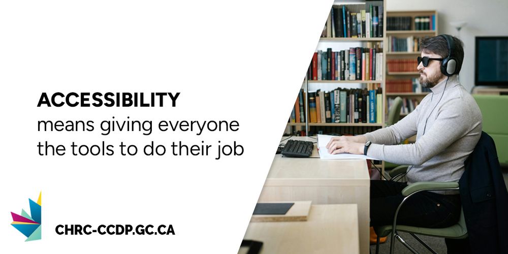 A visually impaired man is typing on a keyboard at a desk a library. Text on the left reads: “Accessibility means giving everyone the tools to do their job”. 