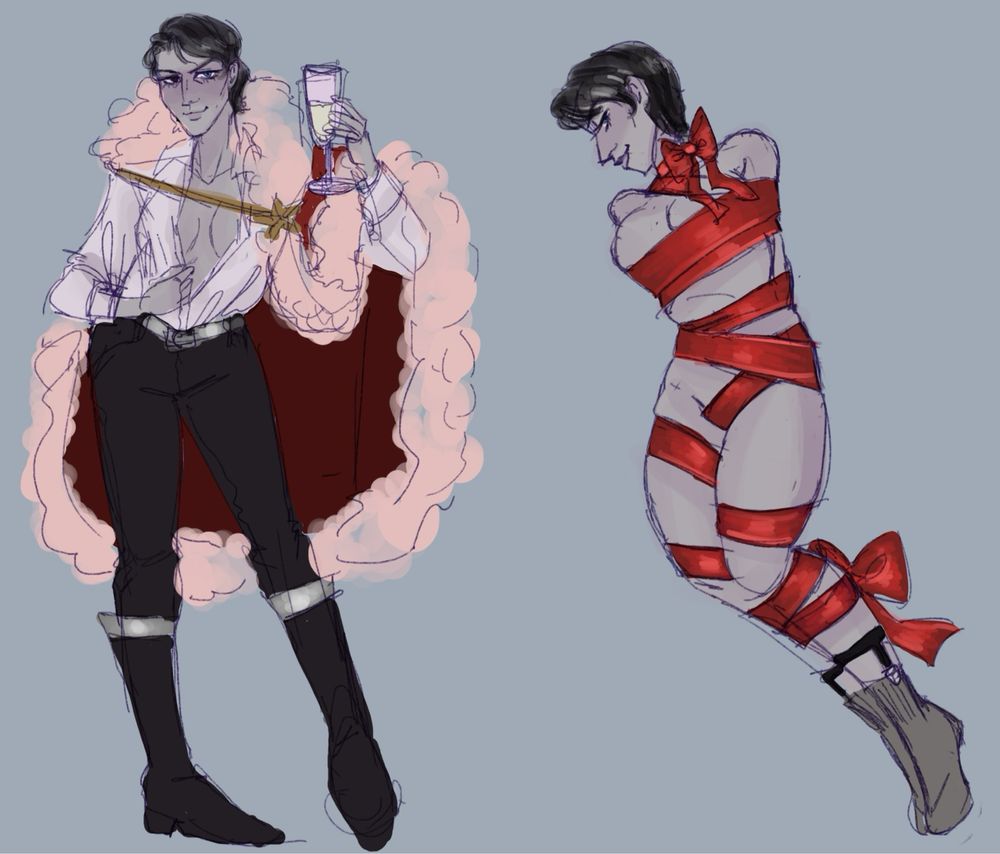 Fem Oskar Reuenthal, one in the Christmas outfit from the app game and one tied up in red ribbon 