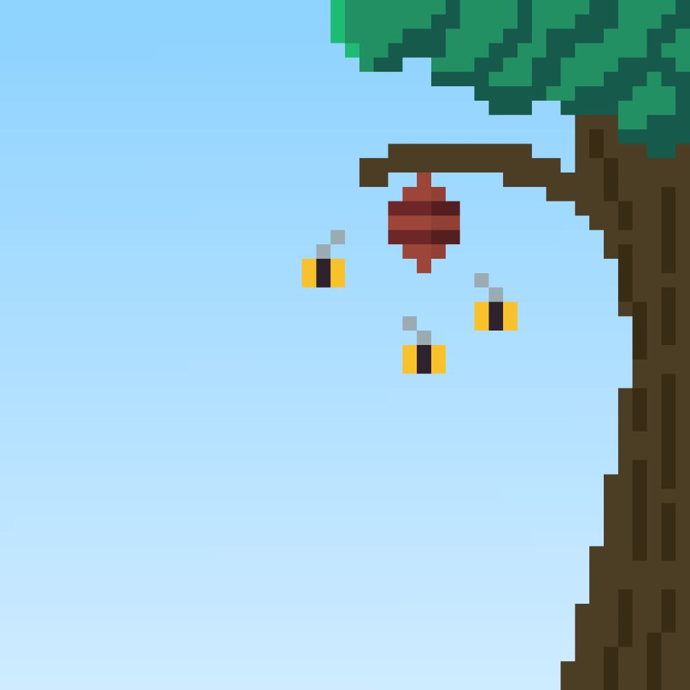 A pixel art depiction of a bee hive hanging from a tree.