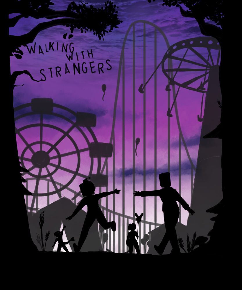 A picture depicting the main four characters of Dialtown in the style of the album art for the album Walking With Strangers by The Birthday Massacre