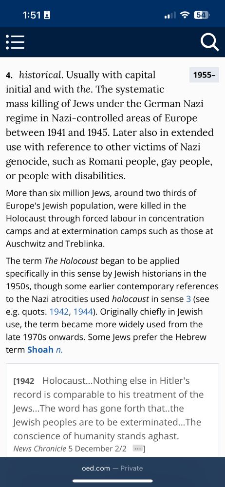 OED definition of the Holocaust from 1950s onward to describe the specific event 