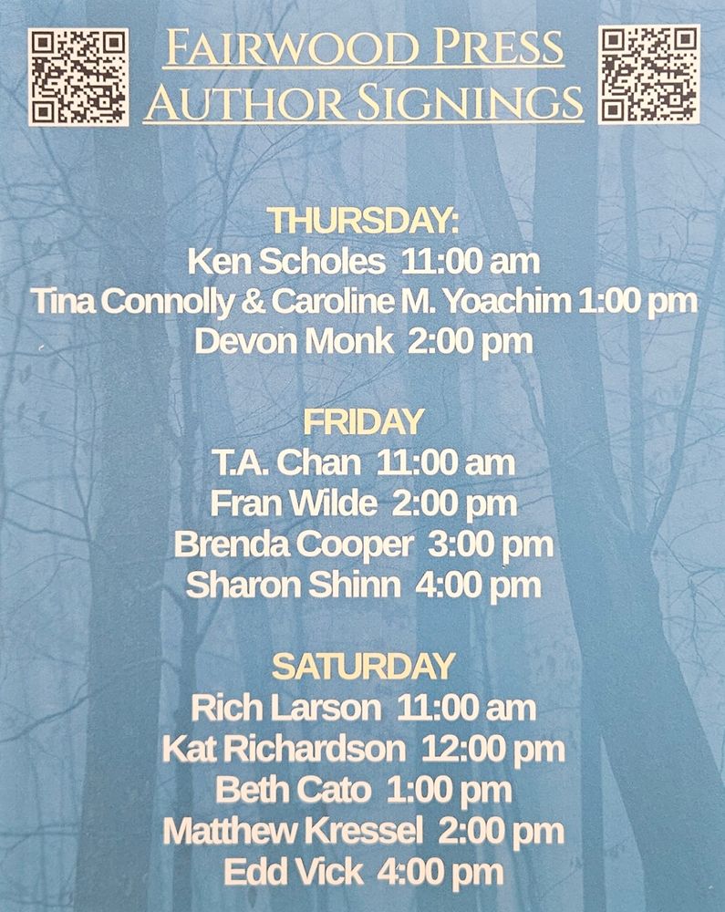 Author signing schedule at Worldcon at the Fairwood Press table 