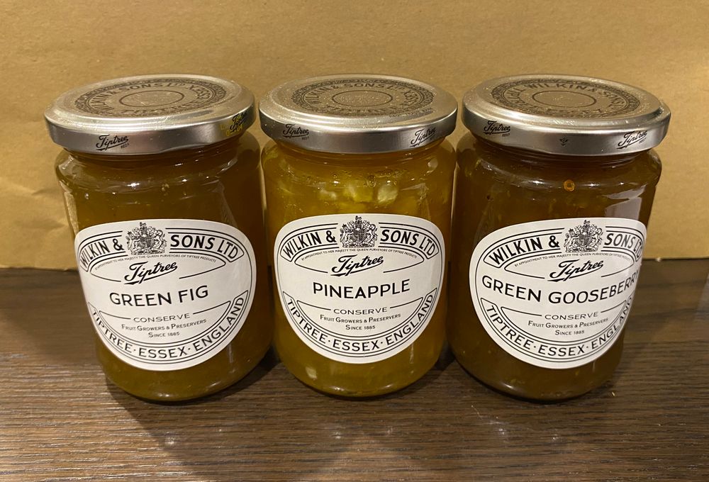 3 jars of Tiptree jam. Green fig, pineapple and green gooseberry 