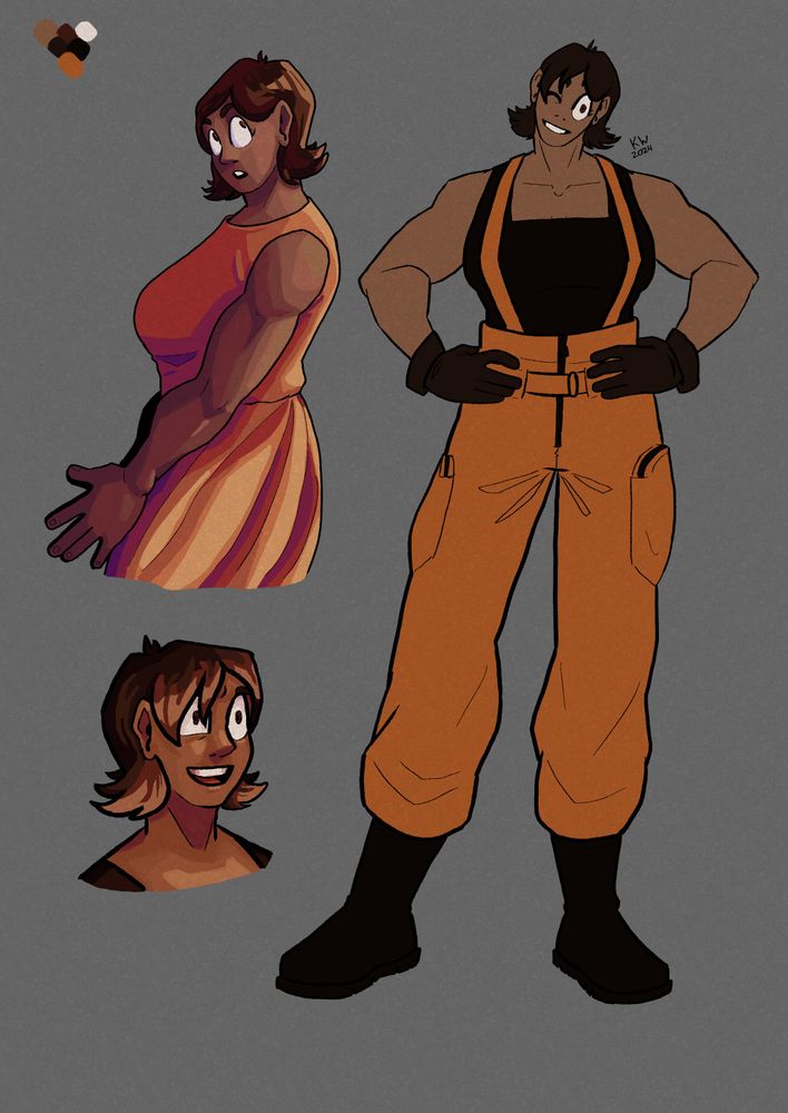 Digital doodles of Elisa. A buff lady with short hair. She wears mostly orange clothes.