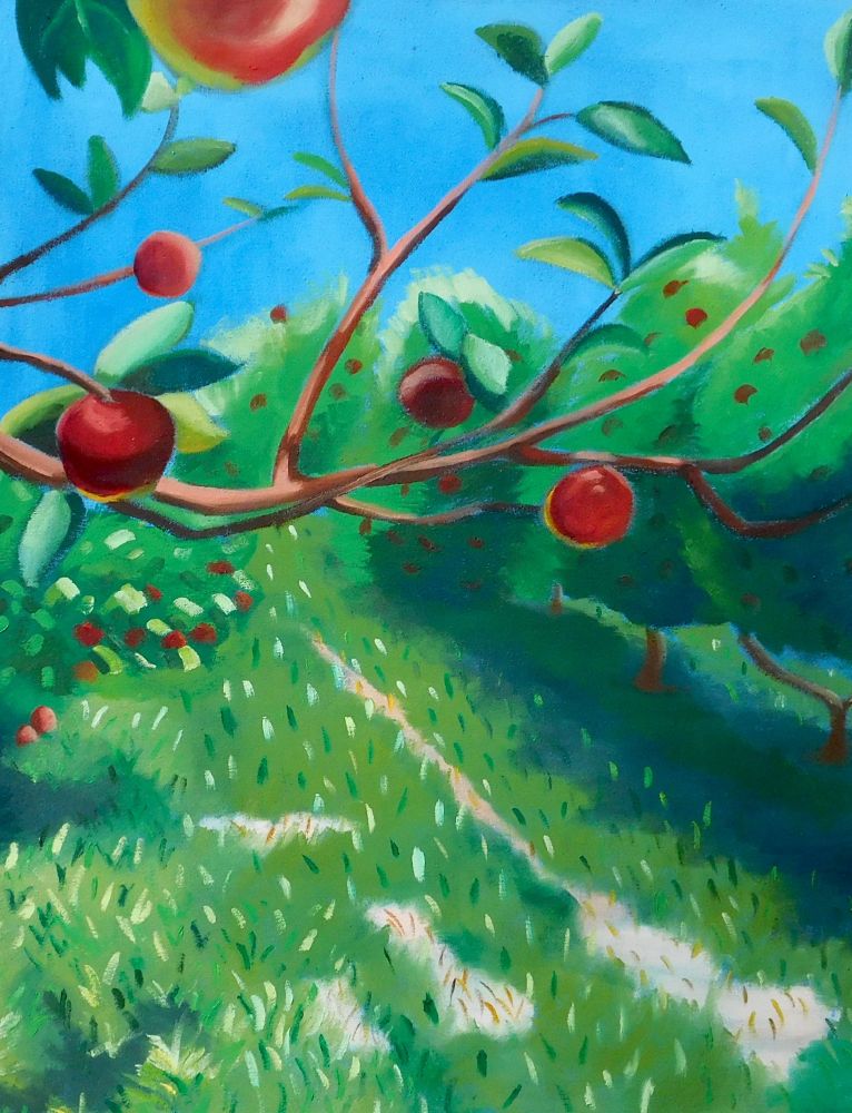 Oil painting of a bunch of apple trees.