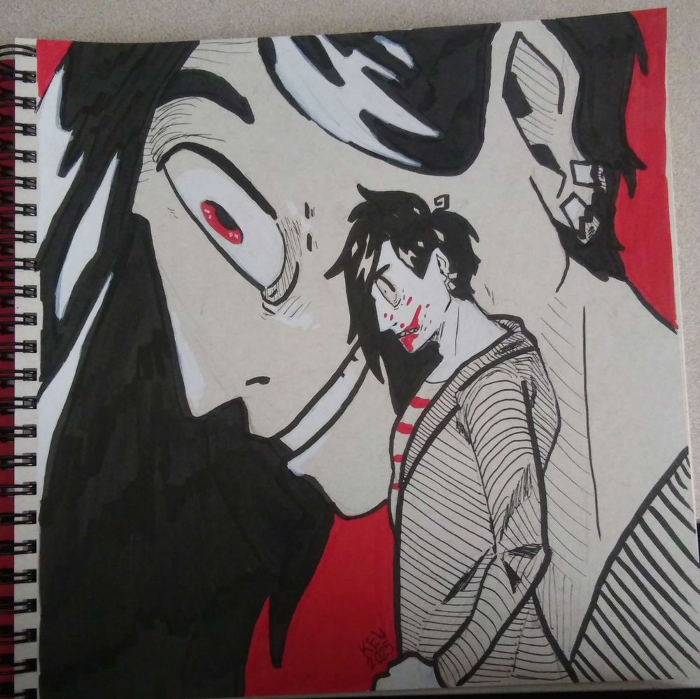 Acrylic marker and ink drawing of Virgil. Mostly black, red and white. Virgil is in front of a smiling image of himself. He has blood smeared on his face.