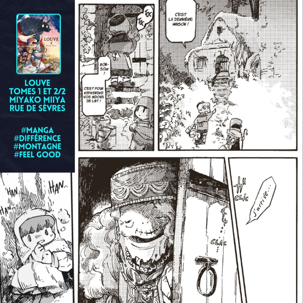 Louve, tomes 1 et 2/2, de Miyako Miiya chez Rue de Sèvres
#manga #différence #montagne #feel good
Une planche présente un petit groupe qui frappe à la porte d'une vieille femme