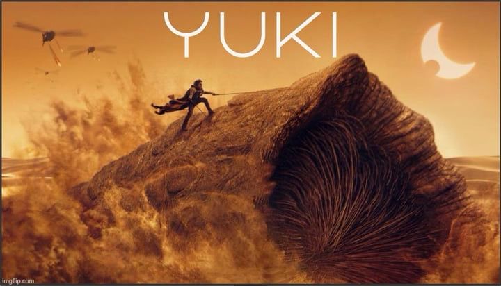 Yuki riding a worm as Kwisatz Haderach from Dune