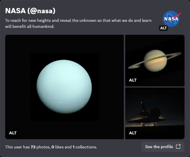 User profile of @nasa on @Unsplash with the "/user nasa" command.