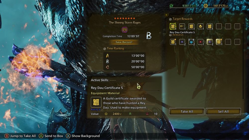 Monster Hunter Wilds quest end screen, showing a time 9 seconds over the A rank time limit.