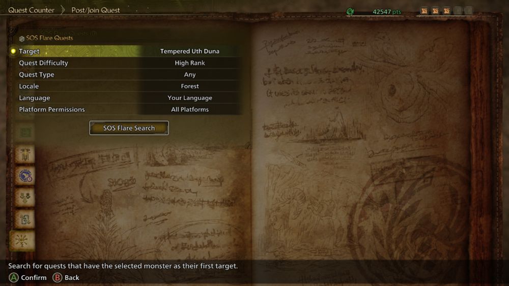 A screenshot of Monster Hunter Wilds, showing the SOS quest search menu. Selectable options are target, quest difficulty, quest type, locale, language, and platform permissions.
