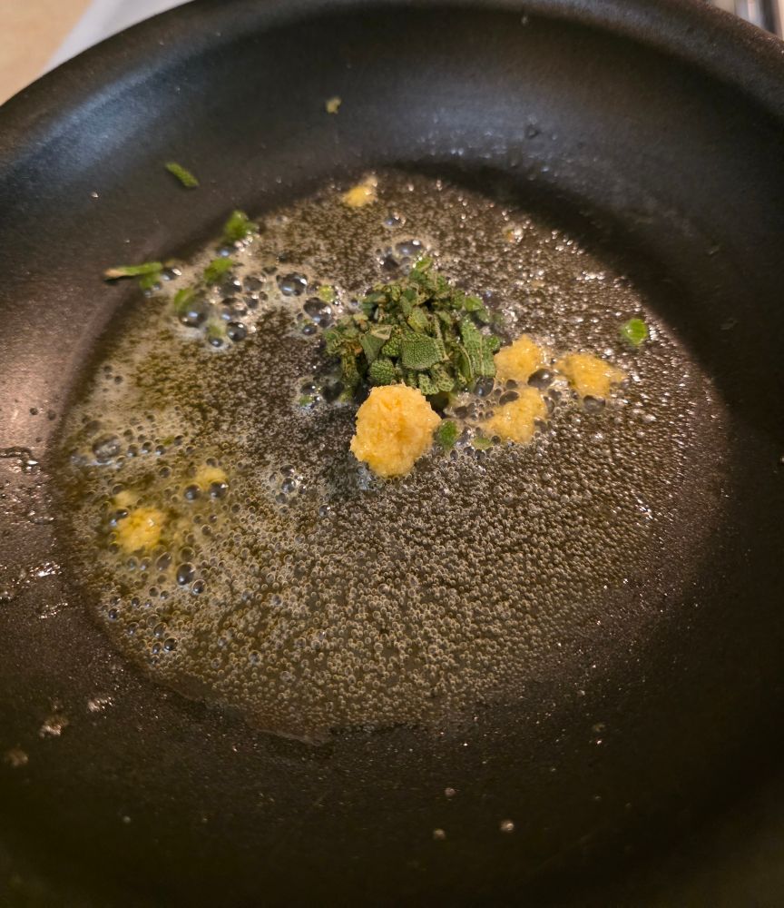 Sauces for scallops ( butter, lemon juice. Lemon zest, sage) cooking away 