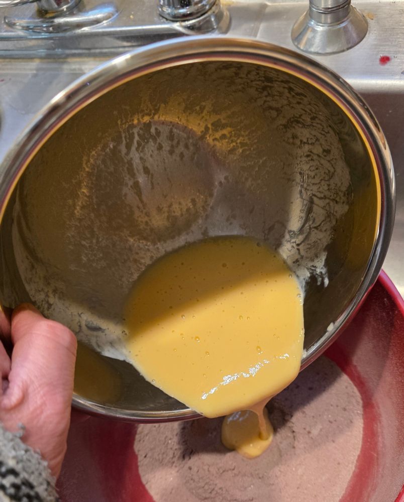 Pour wet into dry ingredients a well