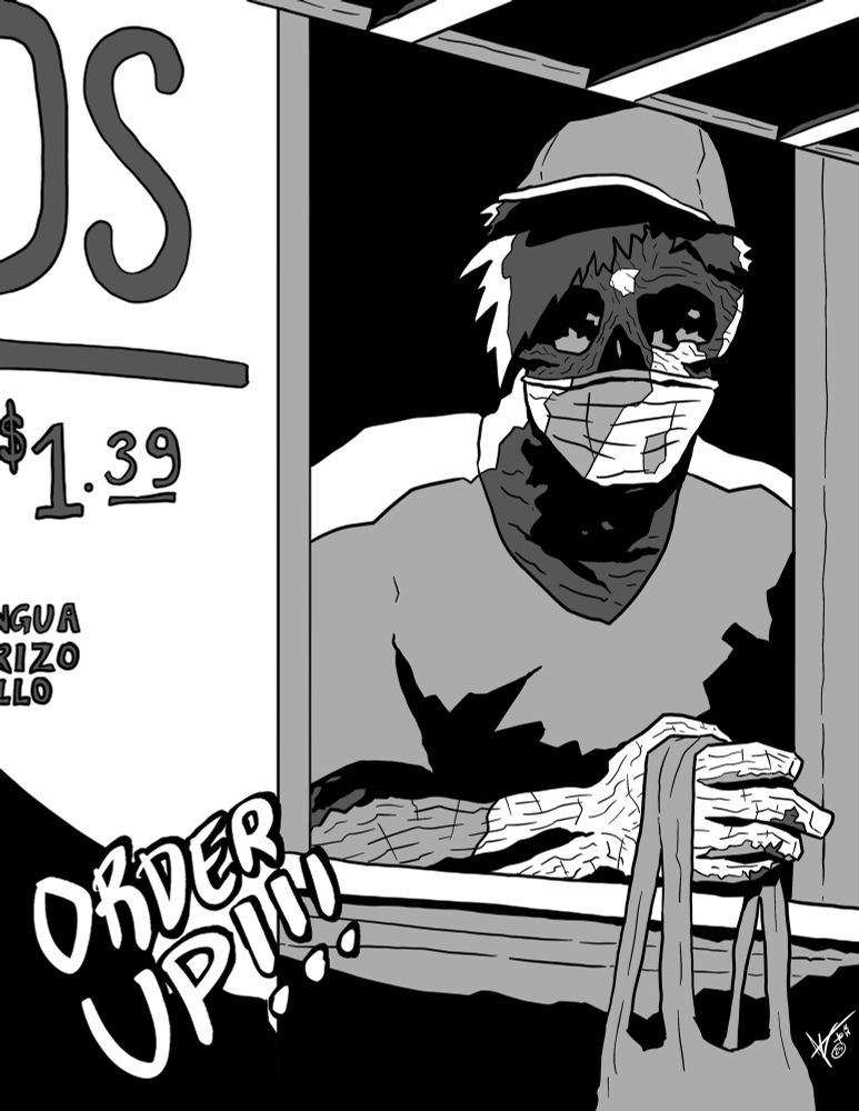 A black and white digital ink illustration of a undead food truck worker holding out a order in a plastic bag