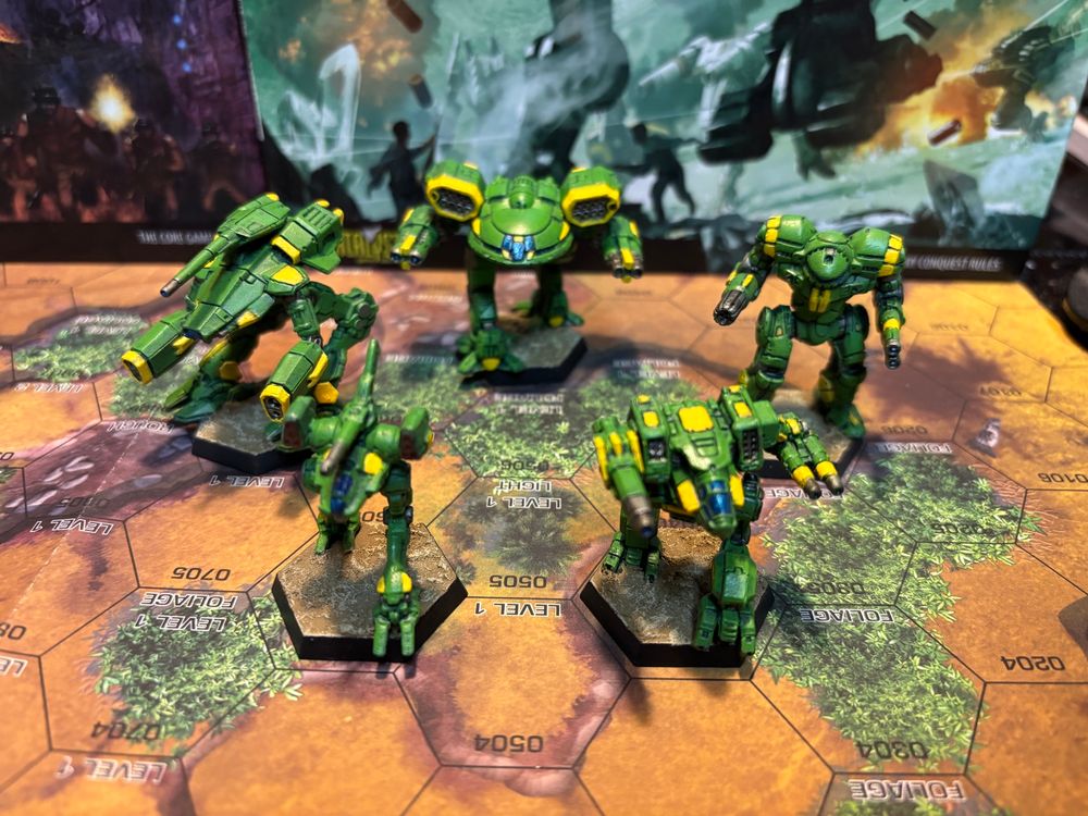 Marauder IIC, Turkina, Night Gyr, Locust IIC, and Black Lanner Battlemechs painted as Clan Jade Falcon Delta Galaxy.