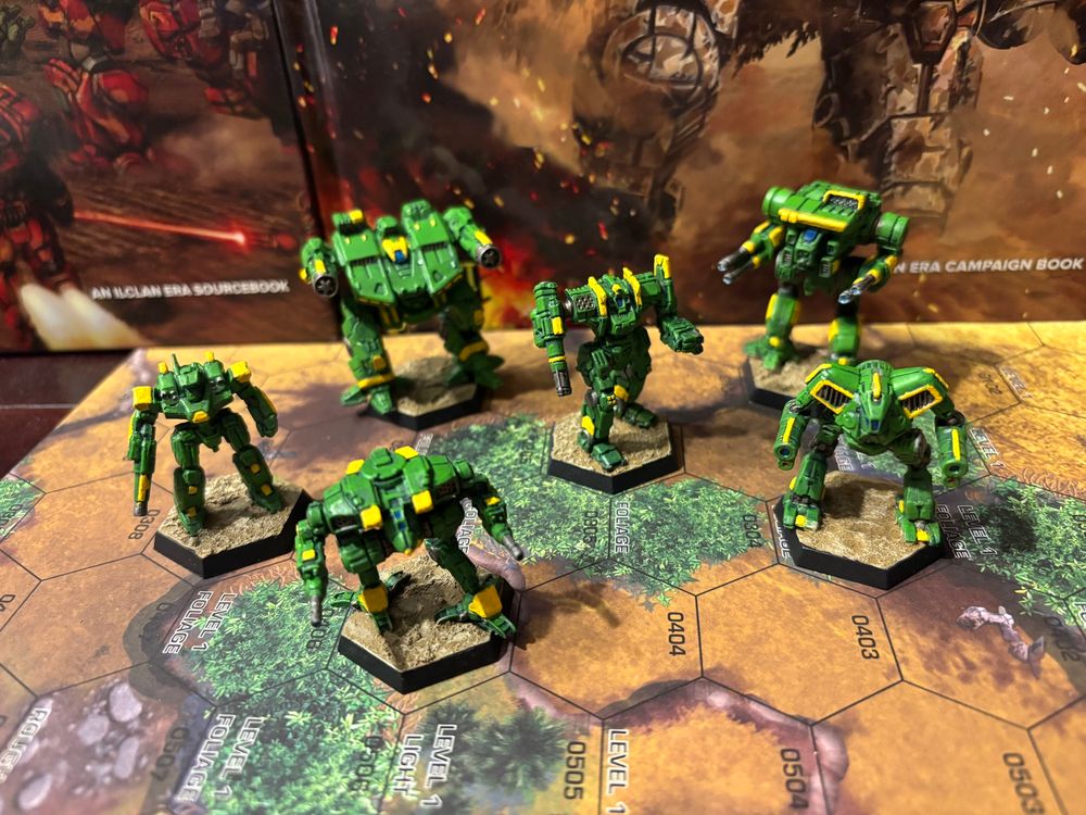 Six Battlemechs painted as Clan Jade Falcon Delta Galaxy.