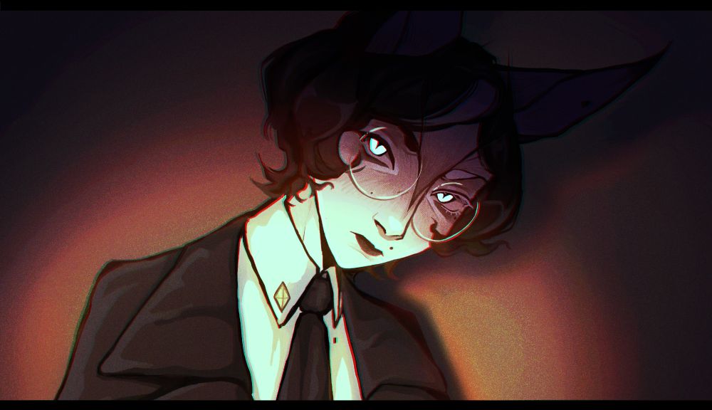 Drawing of a white skinned character with a black coat and dark hair.
Piercing white eyes, intense lighting, Esther seems to see through your soul.
