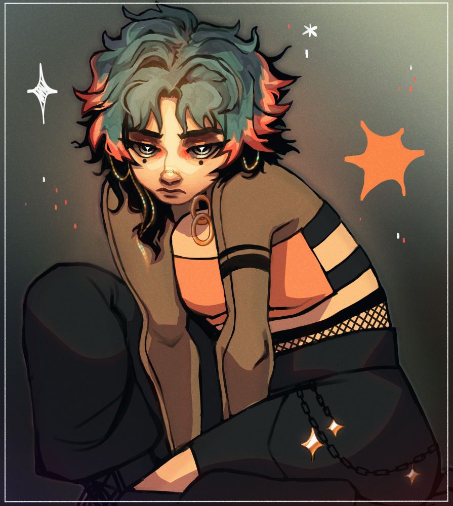 Art of my sona, a person with a hard stare and a hair with a split dye horizontaly, black and turquoise.

Black clothes, golden jewelry and some color on the top to brighten it all.

What is to be ourselves but a scream against the void ? A never ending journey, every encounter and discovery a new dawn unto the acceptance of our own being.
Already in the right direction, the only thing I can do is trust myself.