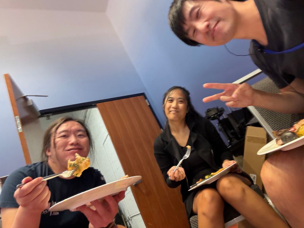 Camera crew eating backstage