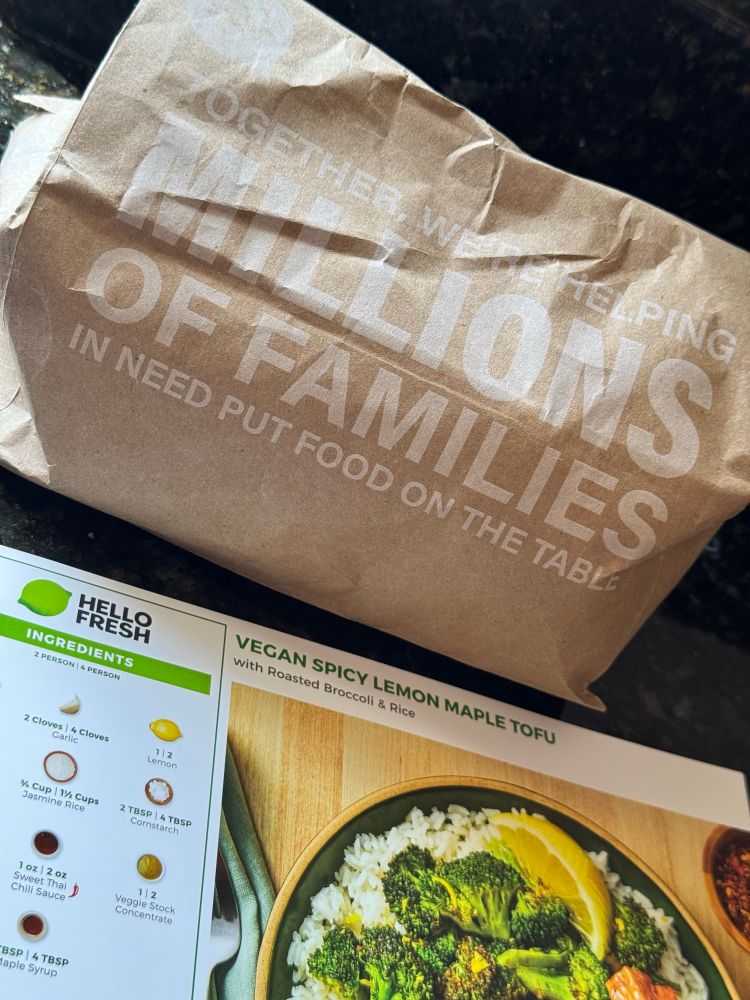 Hello Fresh meal bag with the recipe card for lemon maple tofu