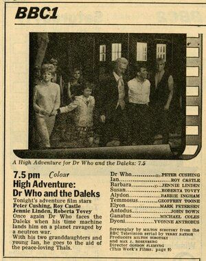 Radio Times listing for the UK TV premiere of Dr Who and the Daleks, 1 July 1972.