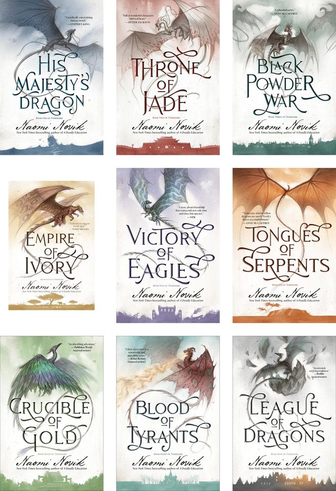 The cover art for all 10 of the books in Naomi Novik's Temeraire books - which are different dragons in soft watercolor styled art.