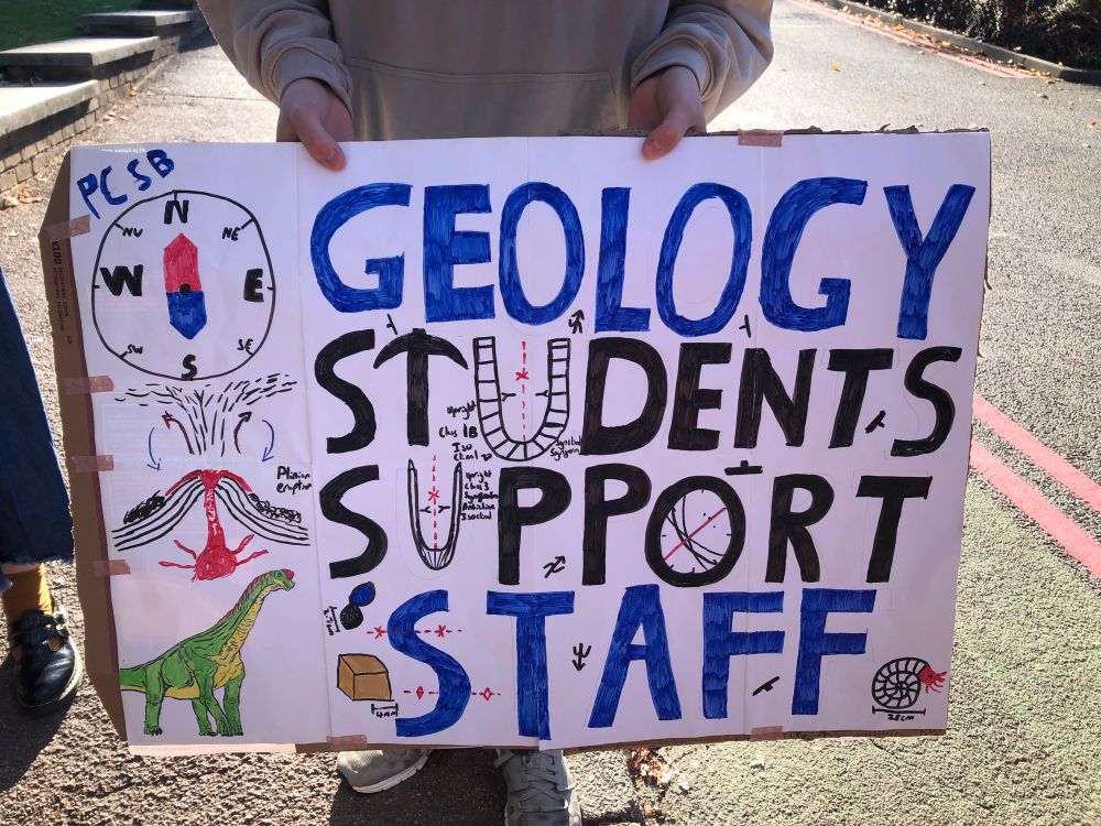 Placard: Geology students support staff- decorated with various geological features including fold types, stereonet, dinosaur, volcano, compass - and an upside-down ammonite (they did it in a rush).