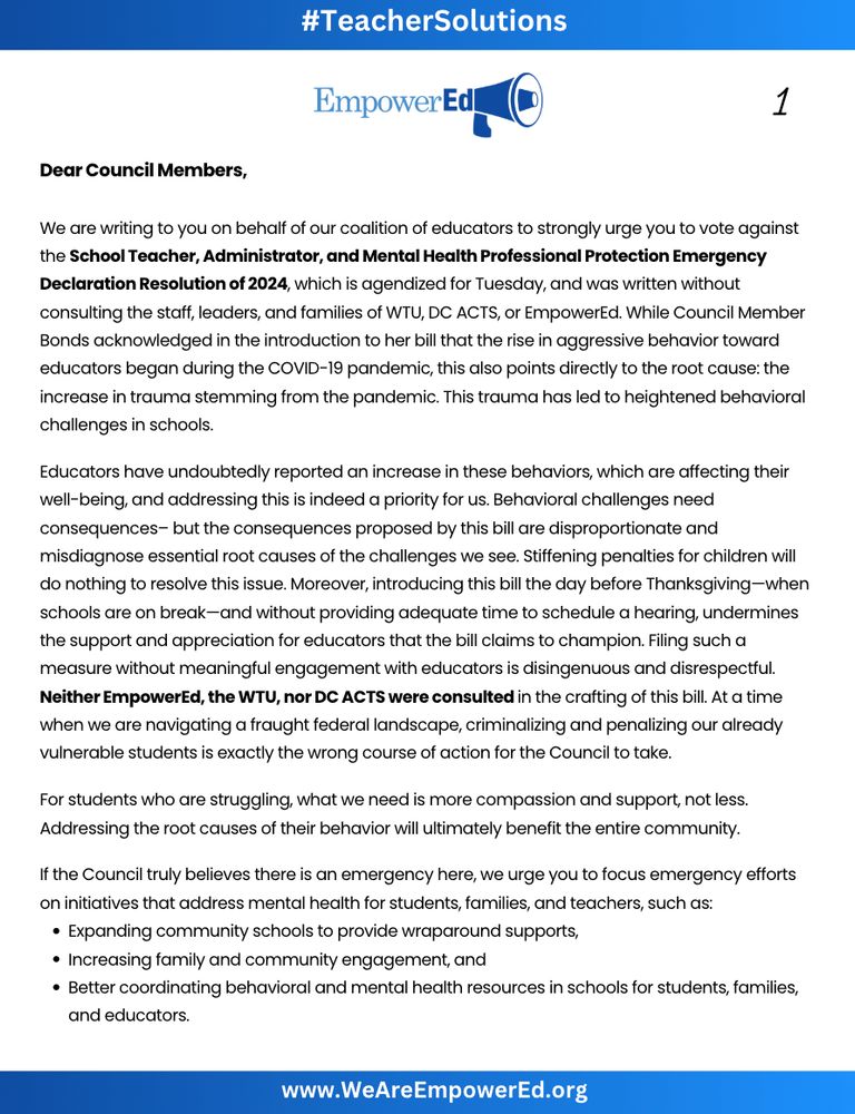 EmpowerEd's educator letter urging council members to vote NO on the CM Bonds STAMP Act.