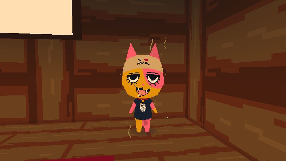 a webfishing cat. She stinks. A lot. Pink and blonde, wearing an "I <3 Peeing" hat with a cigarette.