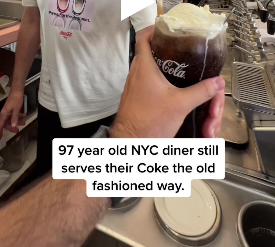 a screencap of the original “97 year old NYC diner still serves their Coke the old fashioned way.” image for context!