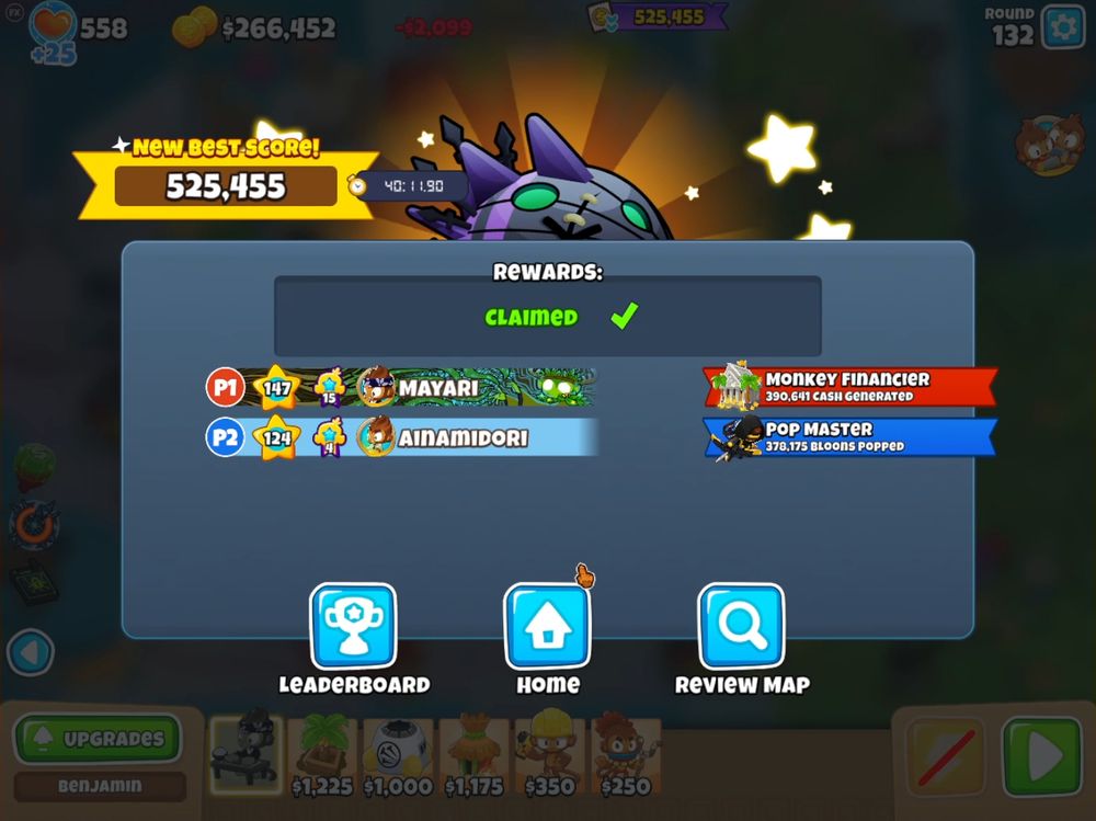 #BTD6 Screenshot showing Mayari and Ainamidori's "New Best Score"