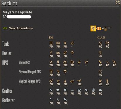 screenshot snippet of the FFXIV Player Search Info window for Mayari Deepslate, showing Level 70 in all the jobs available in Free Trial