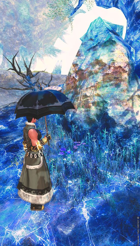 screenshot of Mayari Deepslate holding up an umbrella while standing in front of The Mark of Thaliak in Rathefrost, Mor Dhona. the weather is foggy, but not rainy.