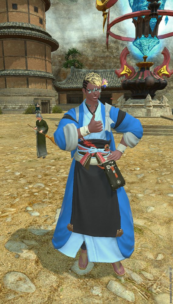 screenshot of Mayari Deepslate wearing the Onishi Dogi dyed Raptor Blue in front of the Namai aetheryte