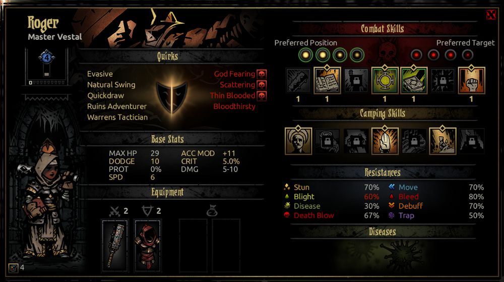a screenshot from Darkest Dungeon showing the stats and quirks of Roger the Vestal