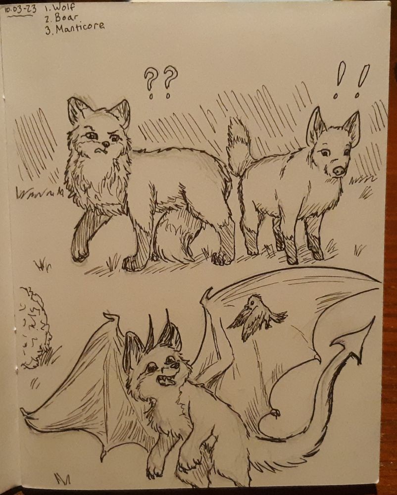 Ink sketch: A fox-wolf and fox-boar are startled to see a fox with lion paws, dragon wings, and a spiked tail romping before them with its small bird friend.