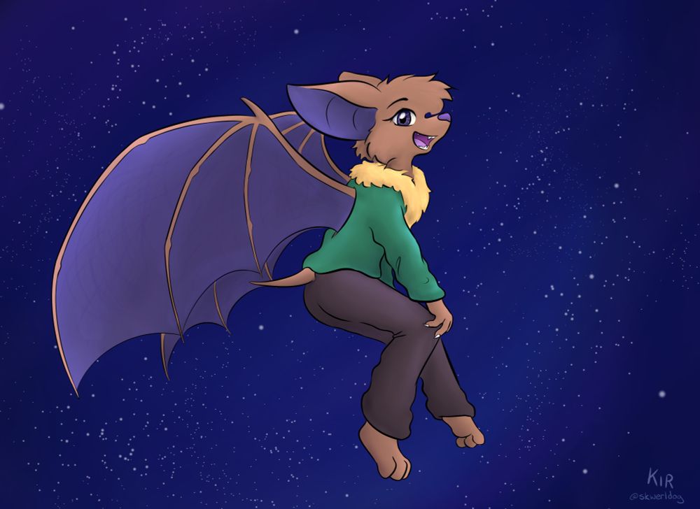 Art: A brown anthro bat floats happily in the vacuum of space, purple wings splayed from their back.