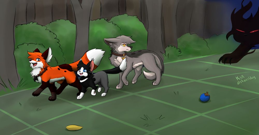 Art: A red fox, a black and white cat, and a gray and brown canine walk through a forest with a grid on the floor that suggests a video game setting. Something ominous traipses behind them...