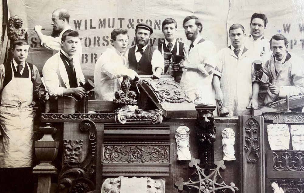A group photo of wood workers employed by Wilmut and Son in Montpelier in Bristol in the late 1890s. 