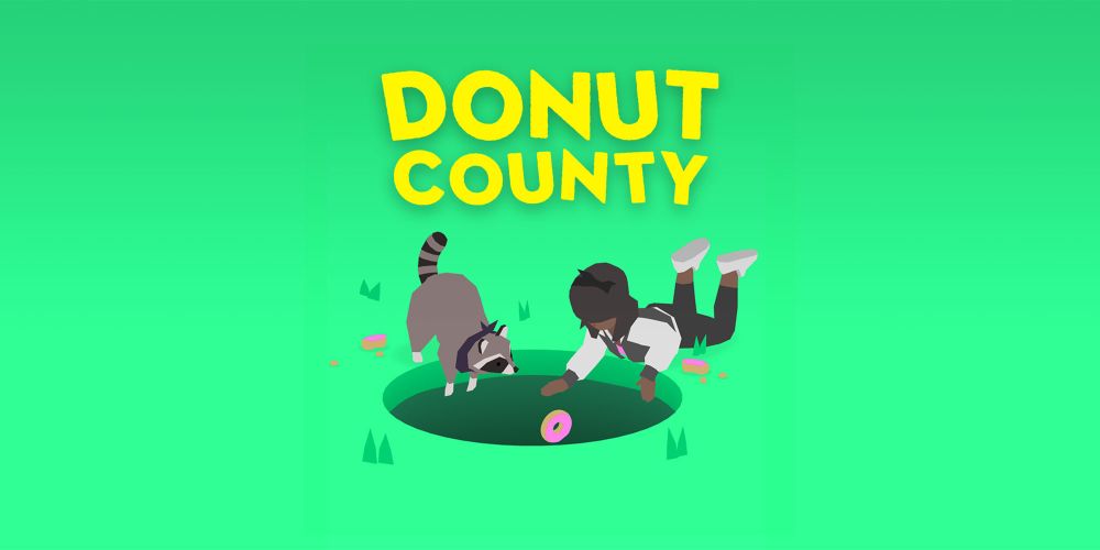 Art for Donut County showing a racoon and a person peering into a hole in the ground, dropping a donut into it.