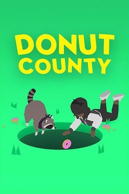 Art for Donut County showing a racoon and a person peering into a hole in the ground, dropping a donut into it.