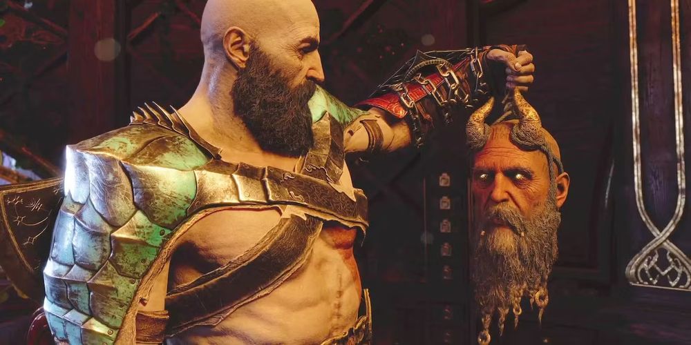 Fratos from God of War holding the head of the Mimir