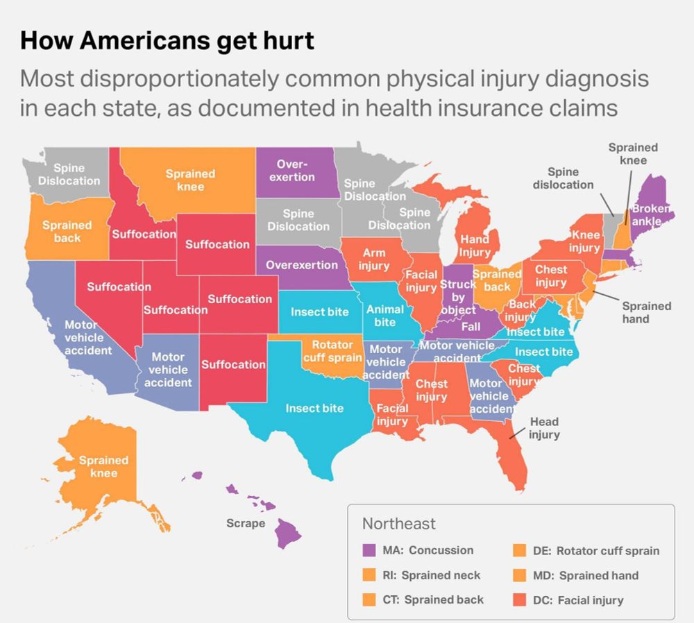 Map of how people get hurt across USA and Midwest is running around with a plastic bag on its head I guess? 