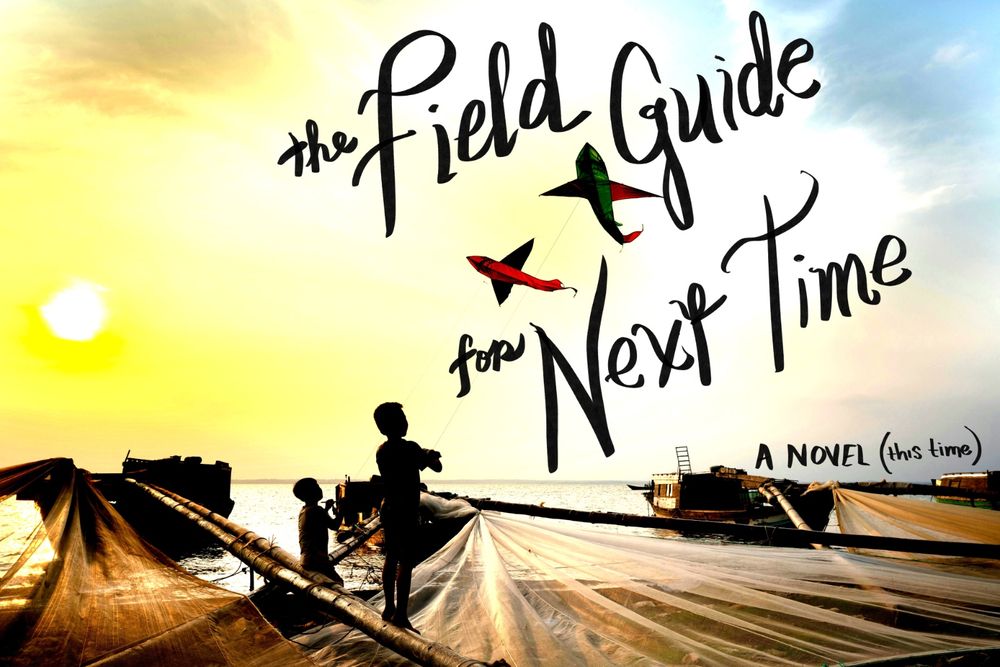 Mood image. Silhouettes of two small kids flying fish-shaped kites from the deck of a raft. High-contrast, sun low in the sky. Serene colors, sunset gold and sky blue. Title of the WIP hand-lettered in black in the sky: “The Field Guide for Next Time” and in smaller hand-written text “A Novel” with “this time” in parenthesis. Ominously? Photo by Quang Nguyen Vinh, CC0